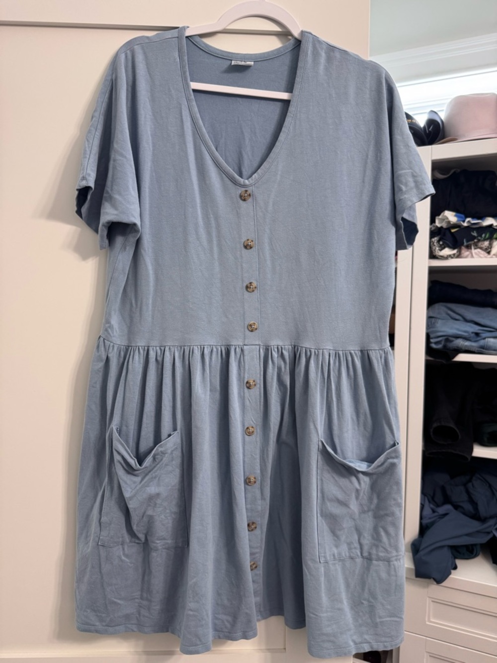 Light Blue Button-Front Midi Dress with Pockets